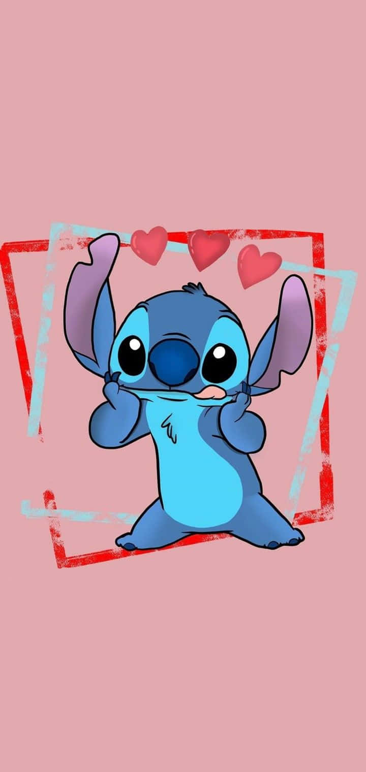 Adorable Stitch With Hearts Background