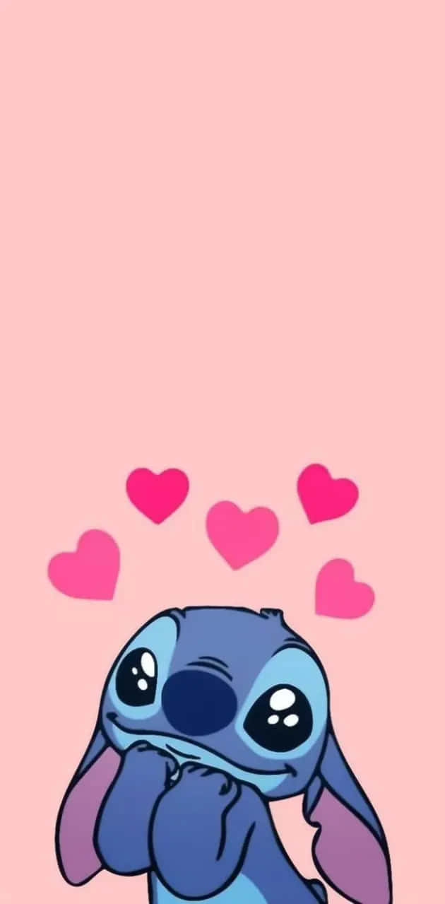 Adorable Stitch With Hearts Background