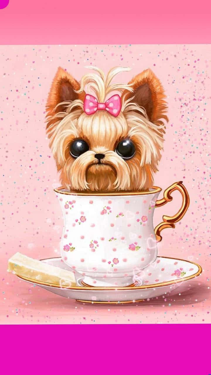 Adorable Teacup Yorkie Sitting And Looking Up Background