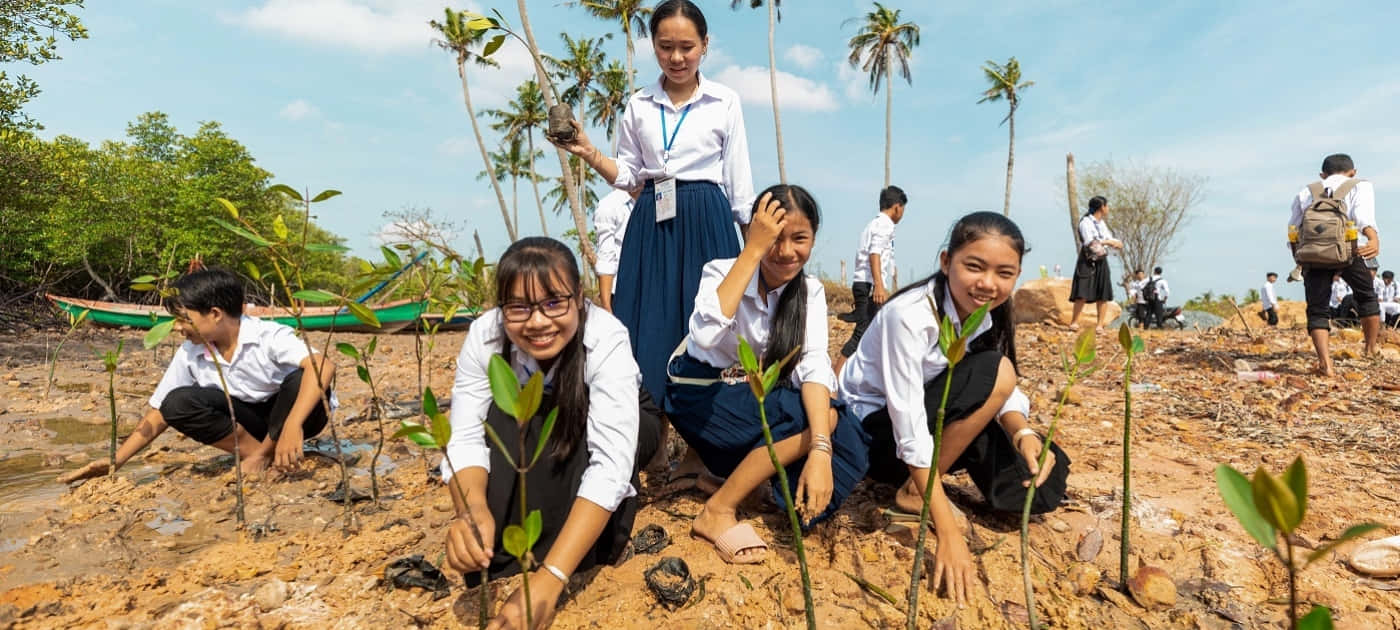Adorable Young Students Planting Background