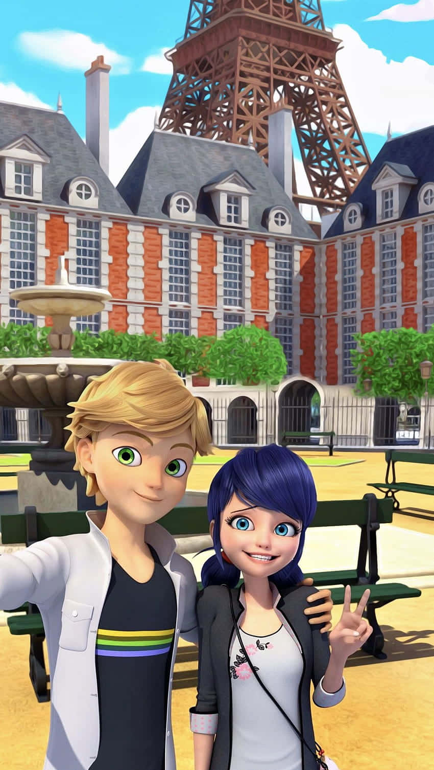 Adrien And Marinette Share A Magical Embrace In Paris. Background