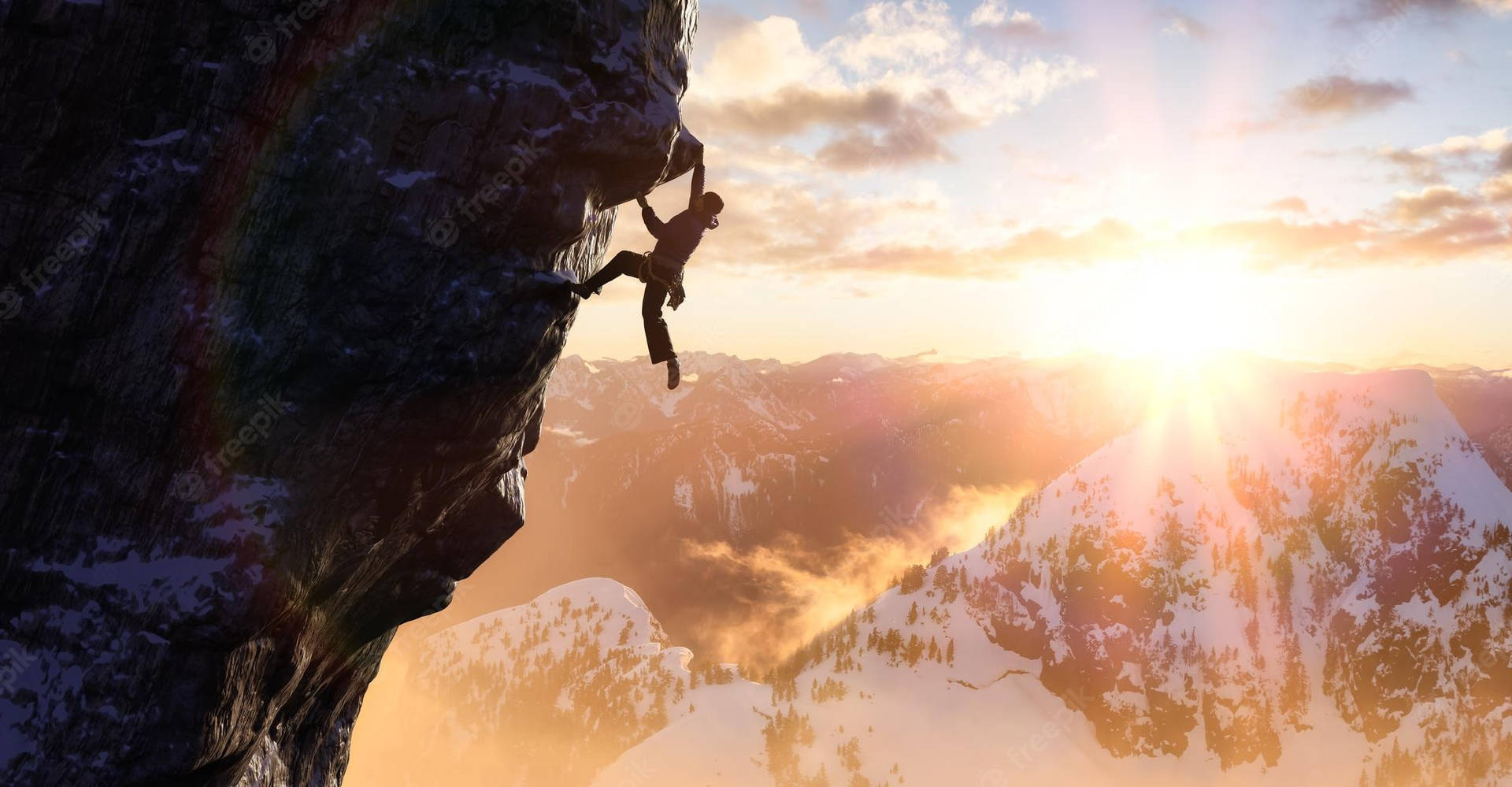 Adventurous Man Conquering Icy Mountain Peaks Background