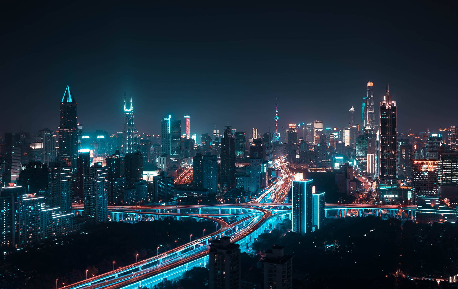 Aerial City Night Bridge