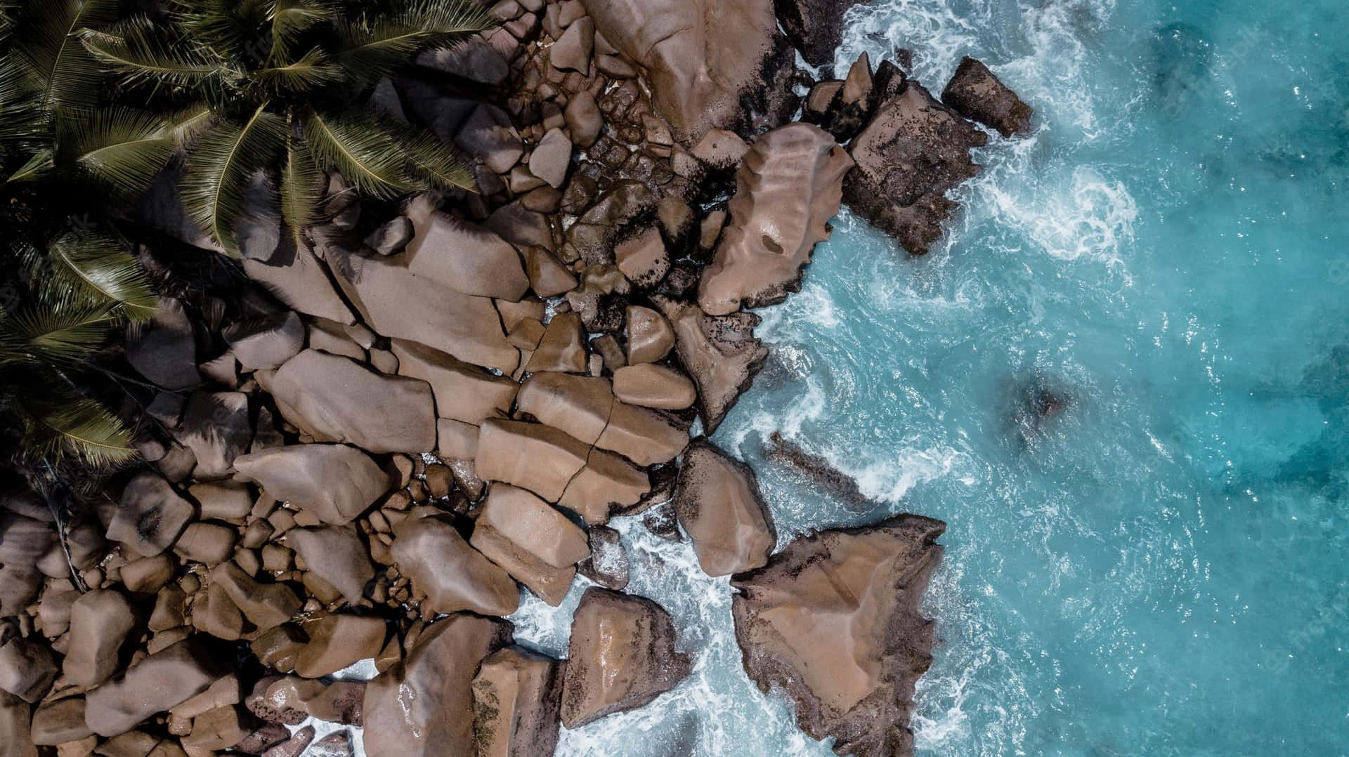 Aerial Rocks Beach Formations Waves Background