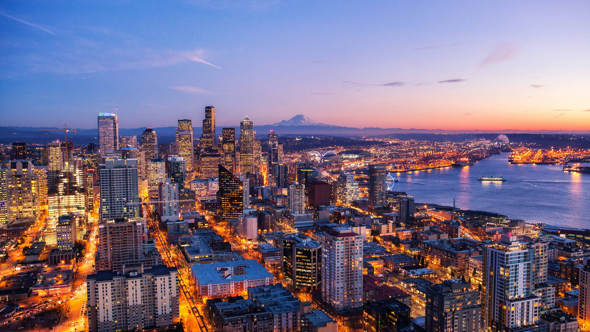 Aerial Seattle Skyline Lighted Road