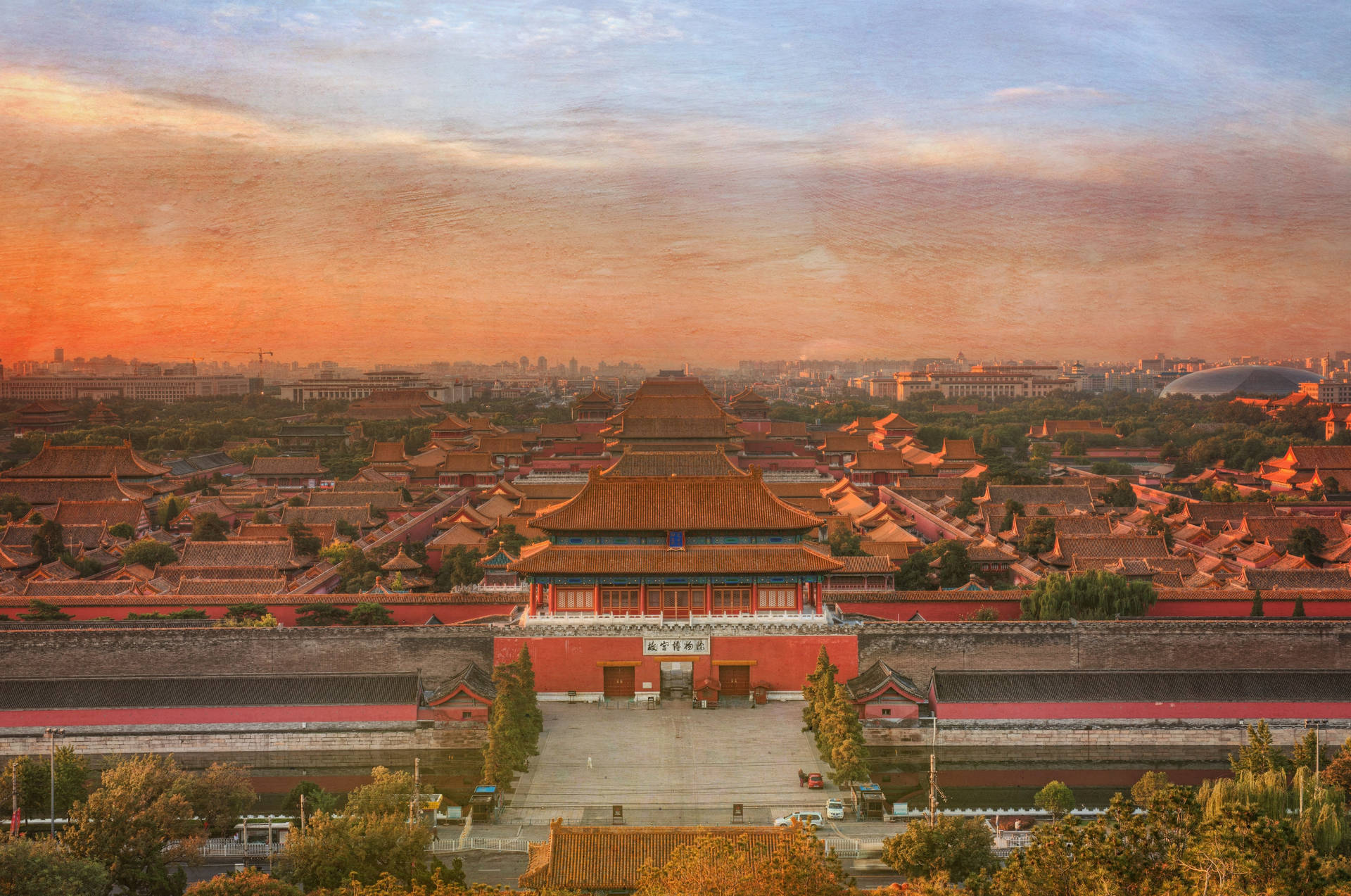 Aerial Shot Forbidden City During Sunset Background