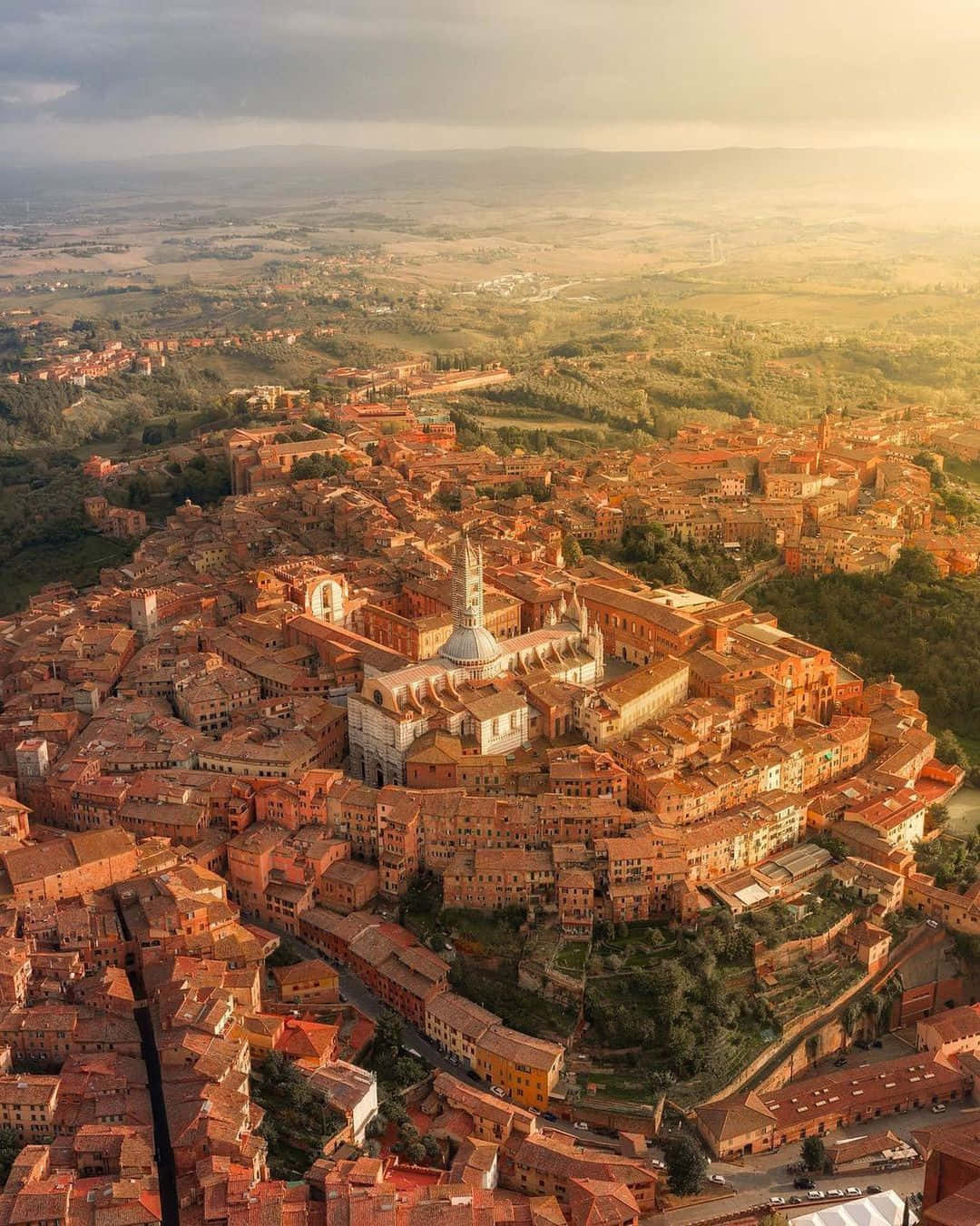 Aerial Shot Of Medieval Brick Buildings In Siena Background