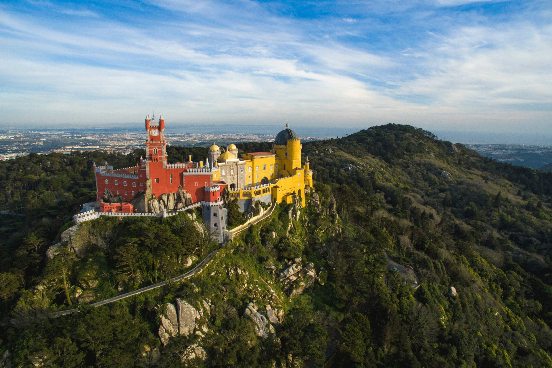 Aerial Shot Palace Of Pena Lisbon Background