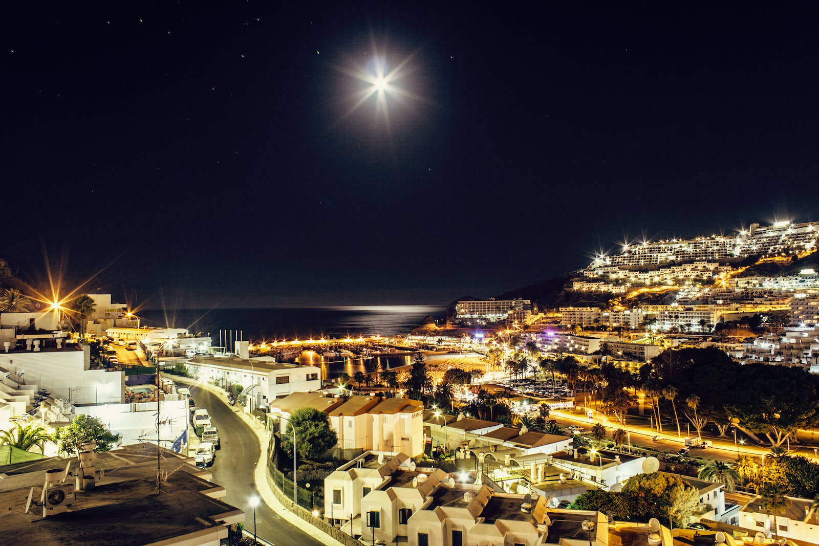 Aerial View Bustling City In Moonlight