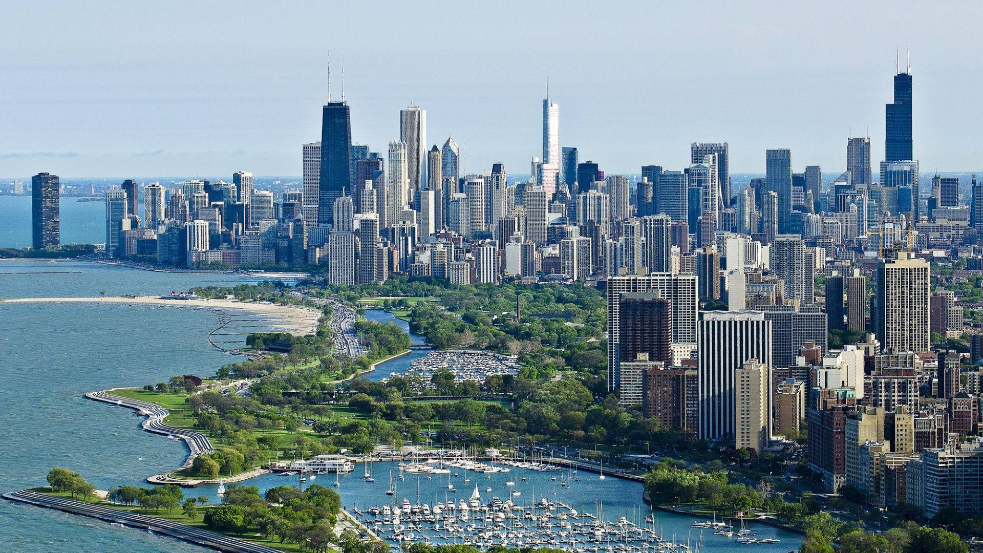 Aerial View Morning Chicago Skyline Background