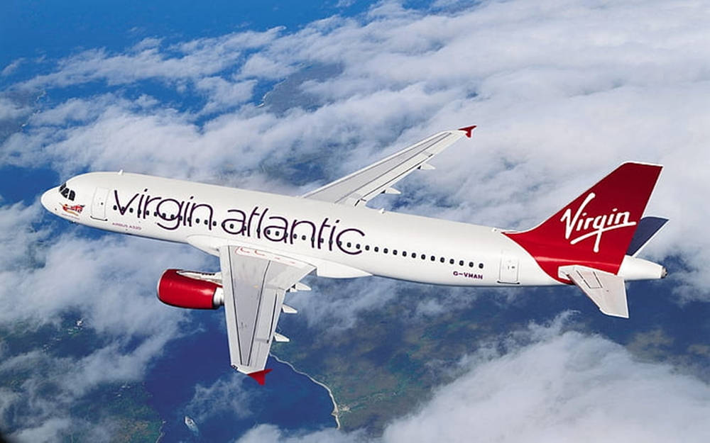 Aerial View Of Flying Virgin Atlantic Airplane Background