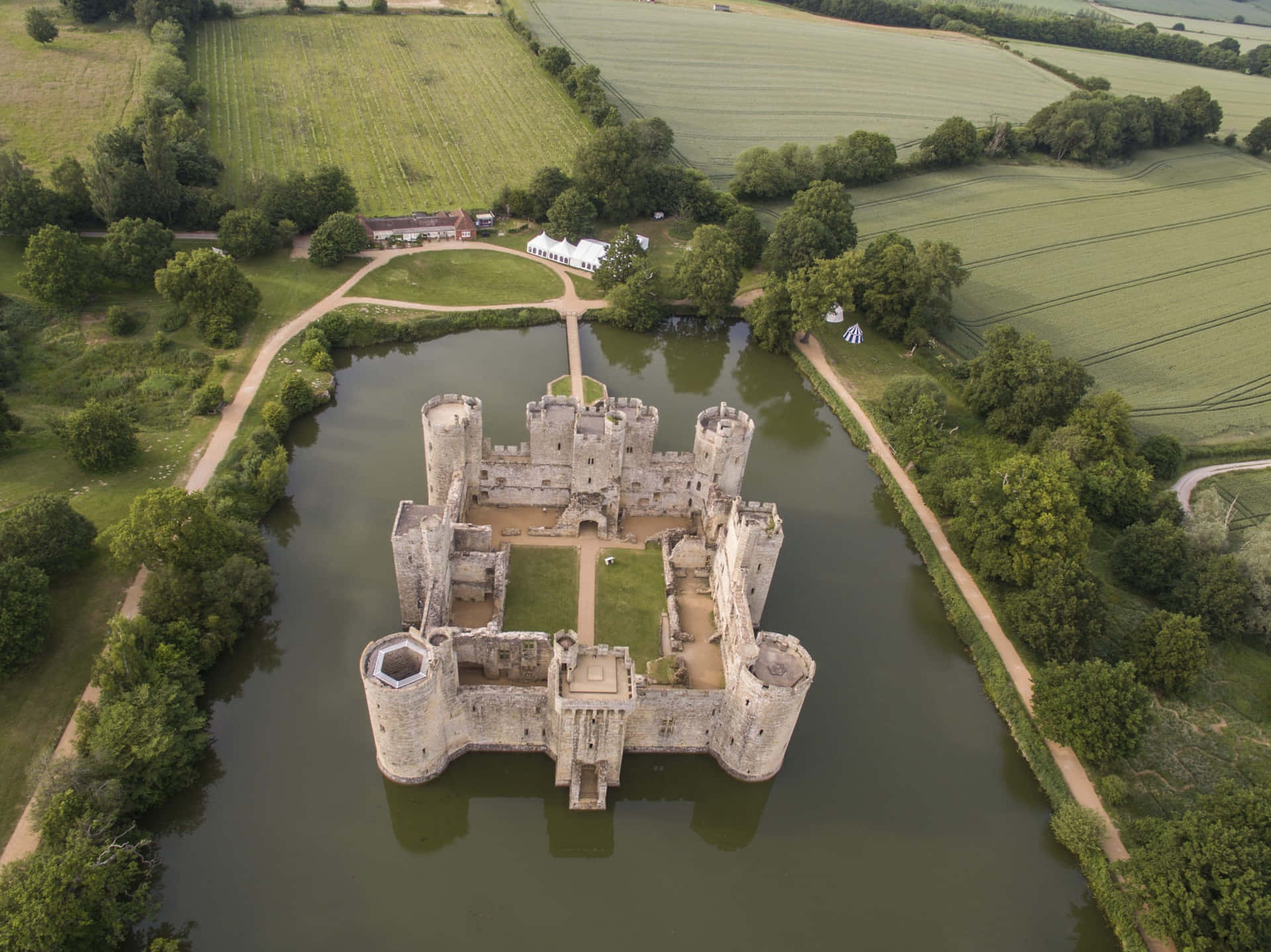 Aerial View Of Historic Bodiam Castle, England Background