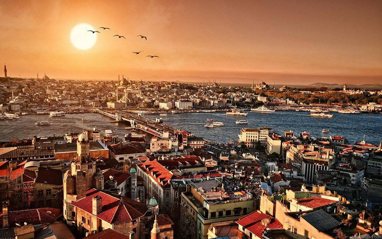 Aerial View Of Istanbul During Sunset Background