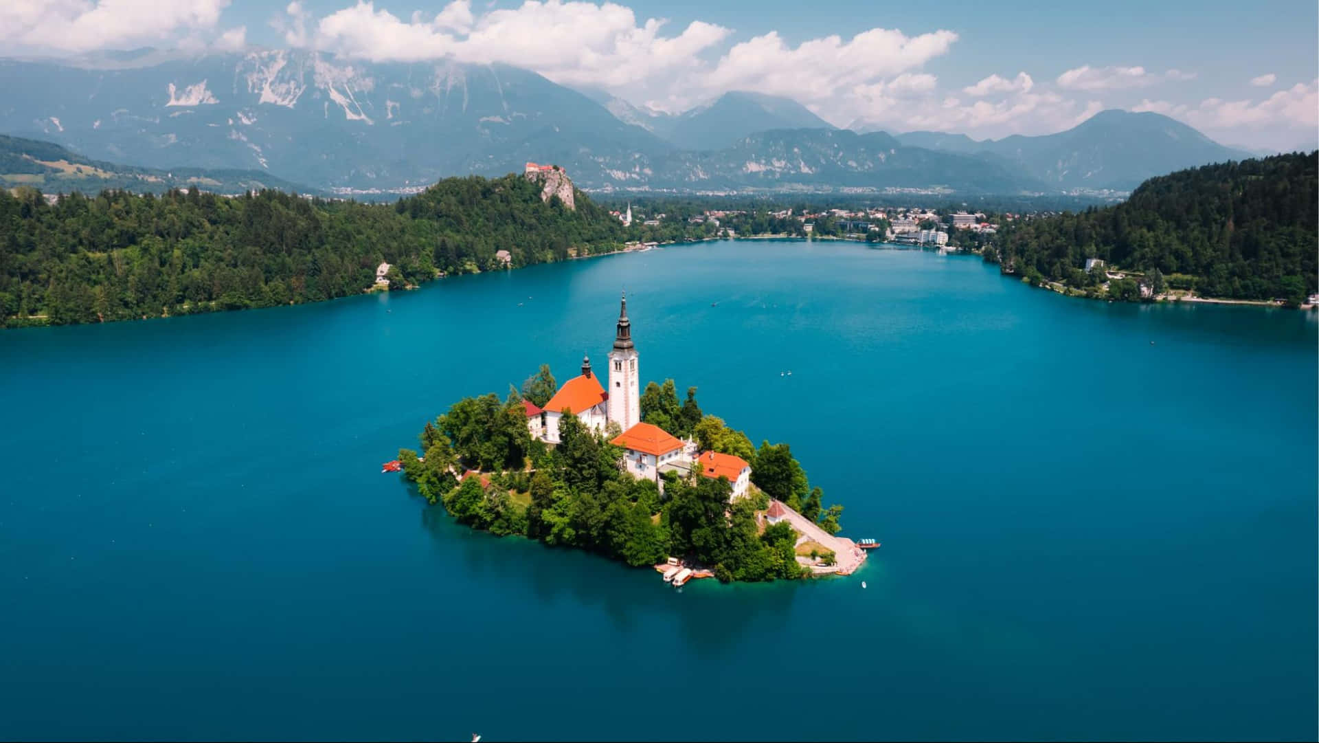 Aerial View Of Lake Bled Flat Waters Background