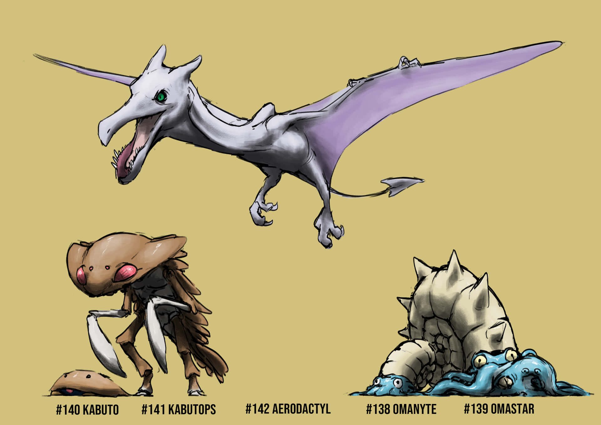 Aerodactyl, Kabutops, And Omastar Background