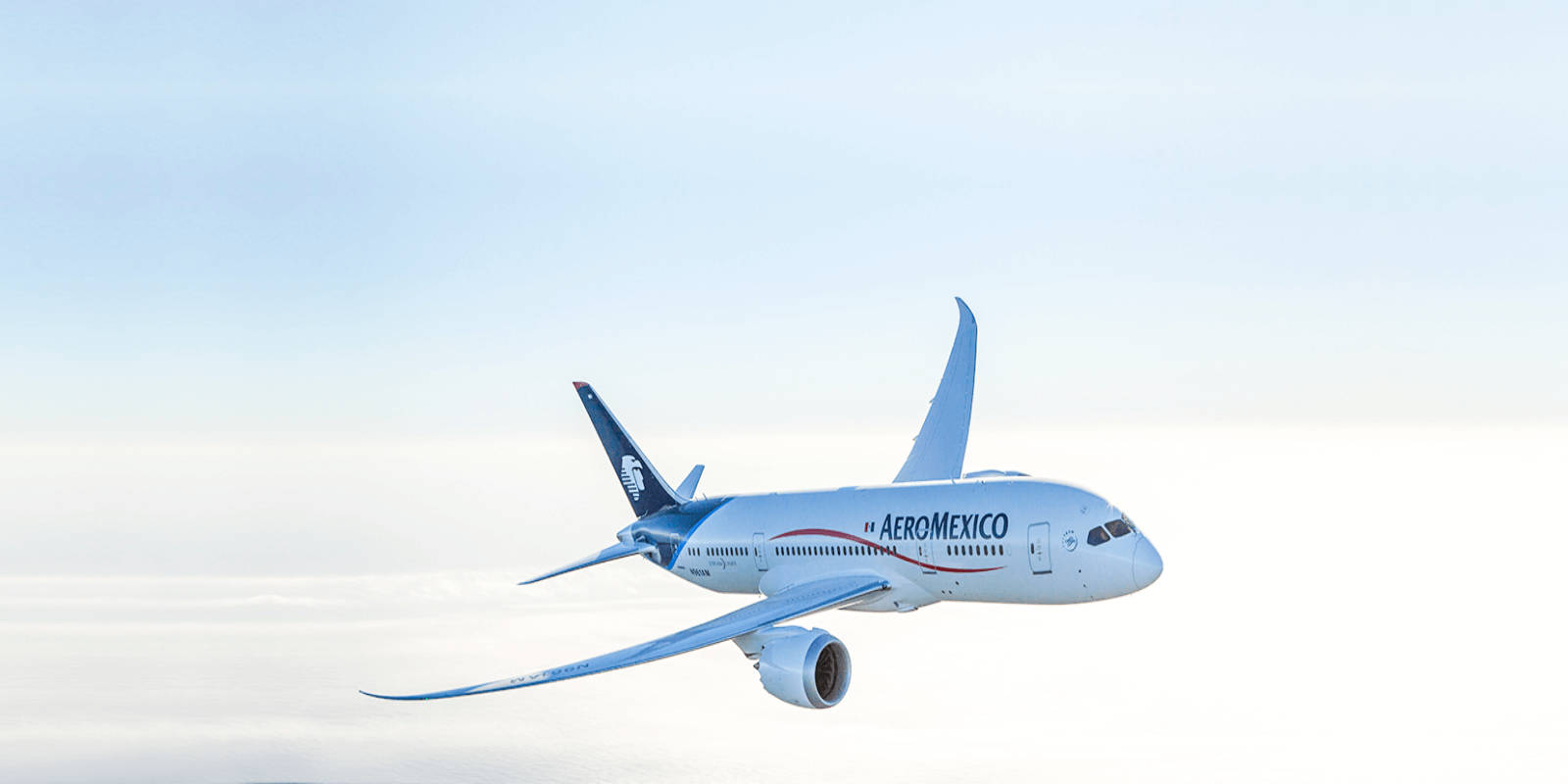 Aeromexico Airline Plane Flying In Clear Sky Background