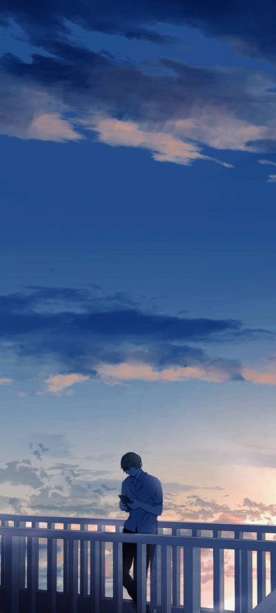 Aesthetic Anime Boy Bridge Blue Sky Background
