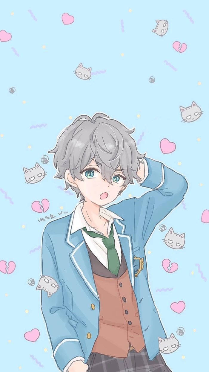 Aesthetic Anime Boy Cats Hearts Background