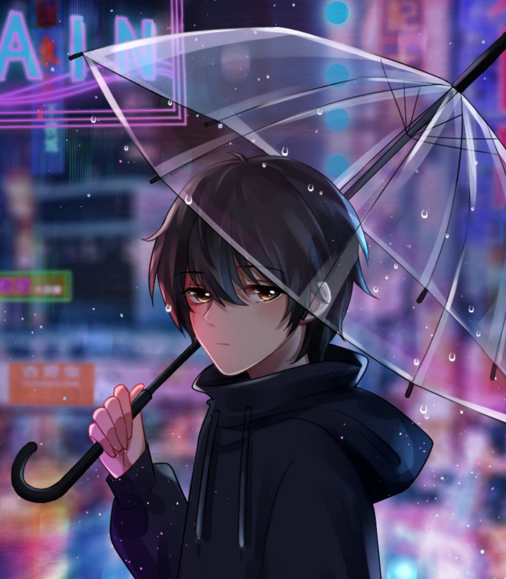 Aesthetic Anime Boy Icon Under The Rain Background