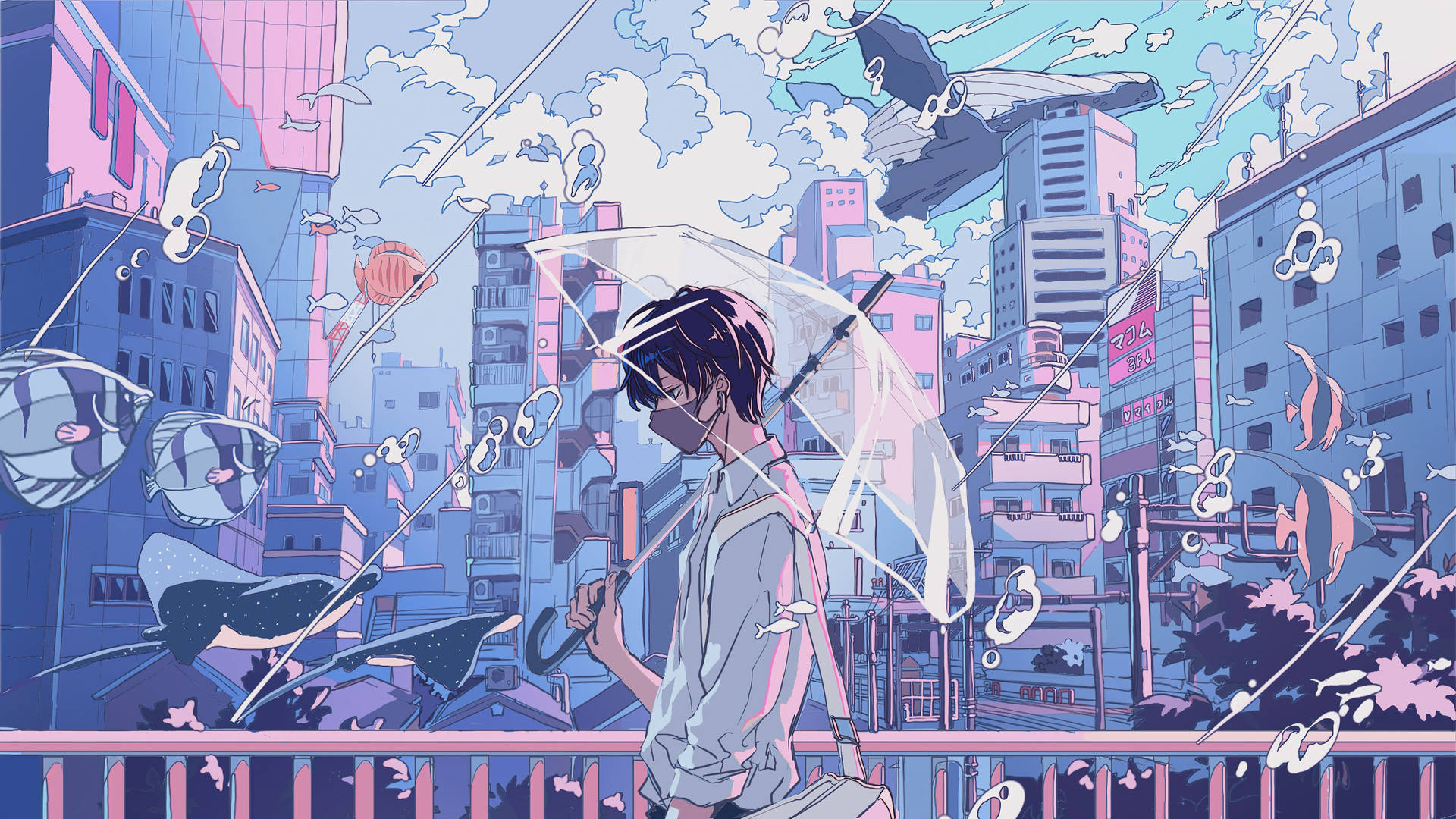 Aesthetic Anime Boy Purple Aquarium Background