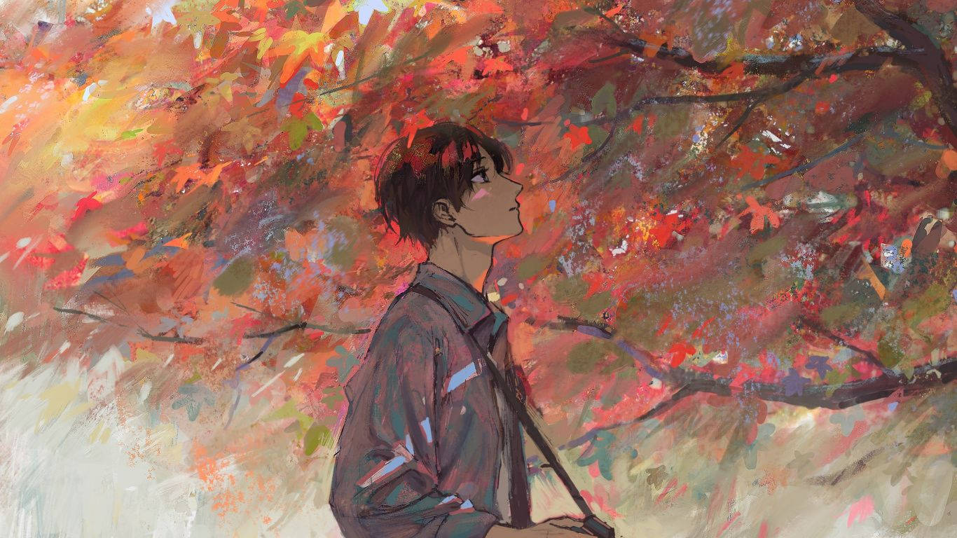 Aesthetic Anime Boy Red Tree Background