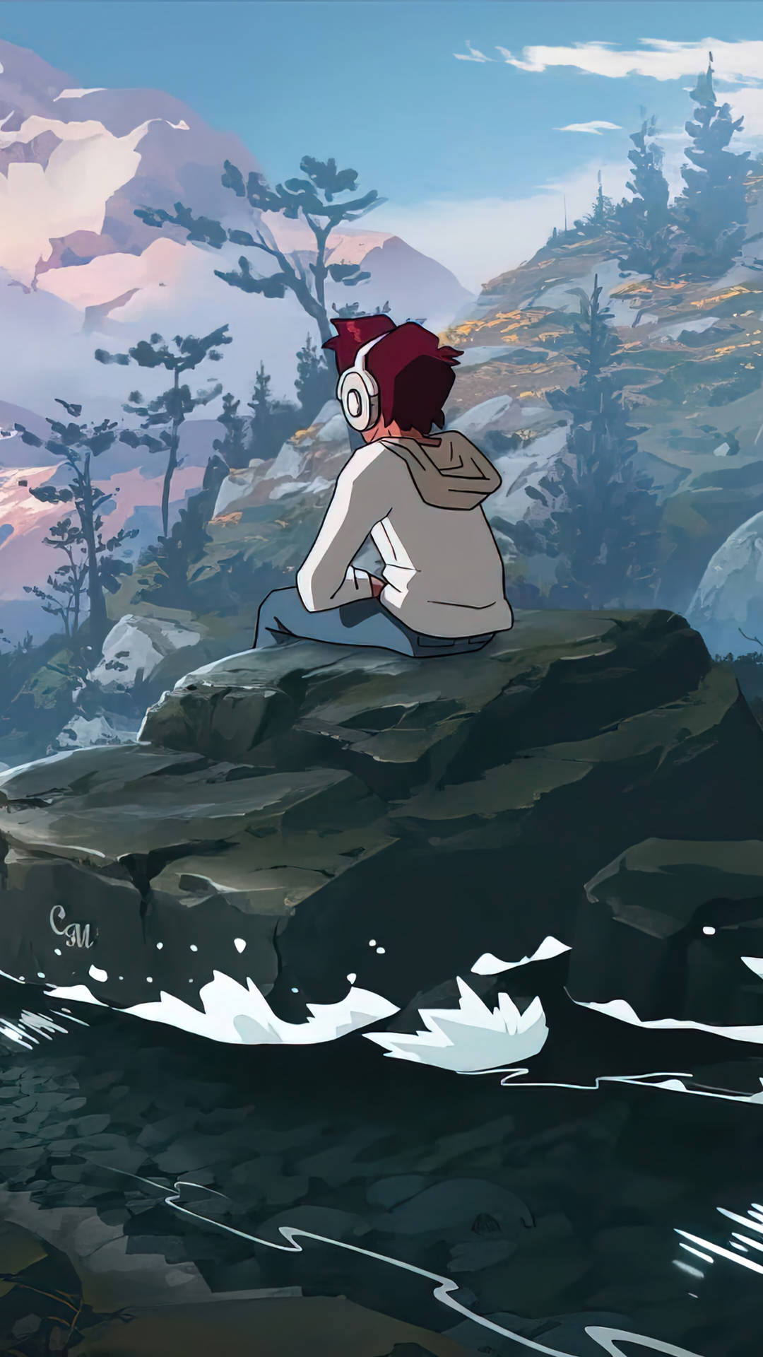 Aesthetic Anime Boy River Mountain Background