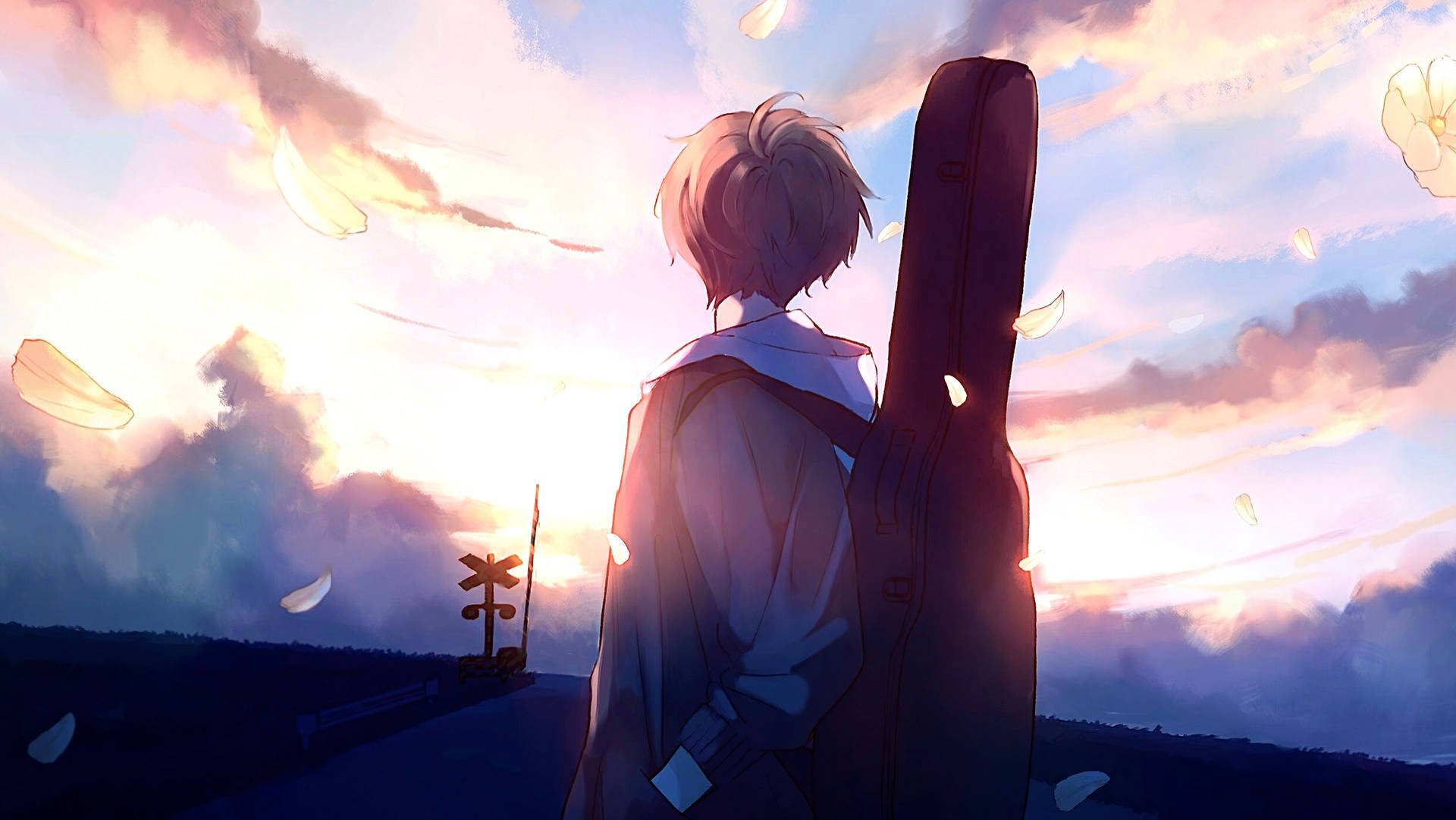 Aesthetic Anime Boy Sky And Guitar Background