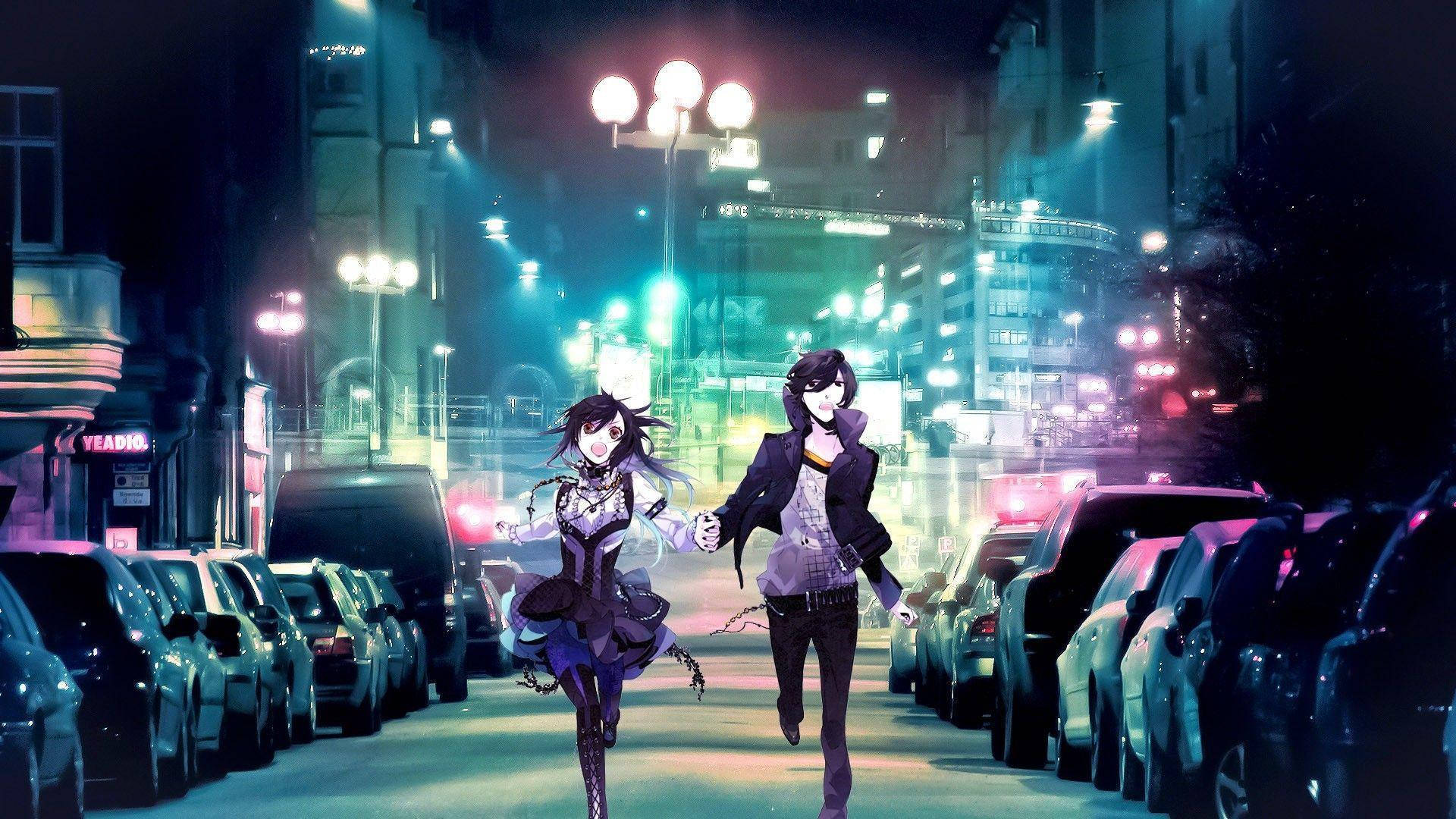 Aesthetic Anime Couple Running At Street Background
