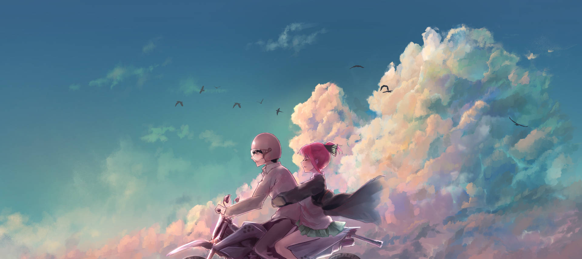 Aesthetic Anime Desktop Boy And Girl On Flying Bike Background
