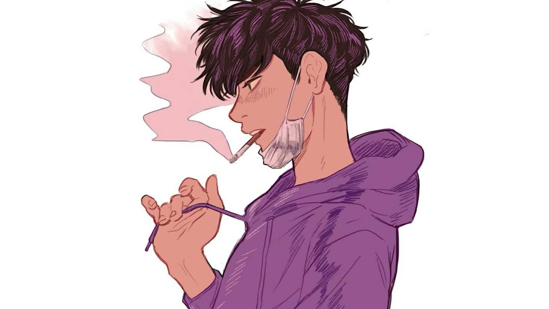 Aesthetic Anime Desktop Boy In Hoodie Smoking Background