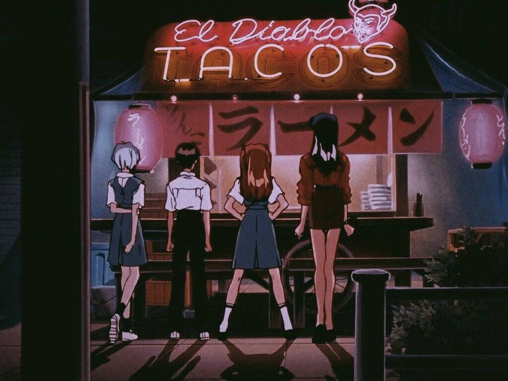 Aesthetic Anime Desktop Evangelion Ordering Tacos Background