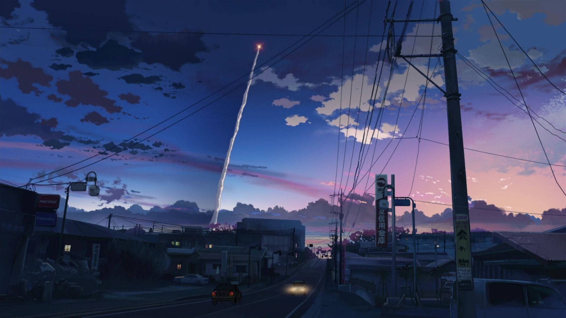 Aesthetic Anime Desktop Firework Launch Over Neighborhood Background