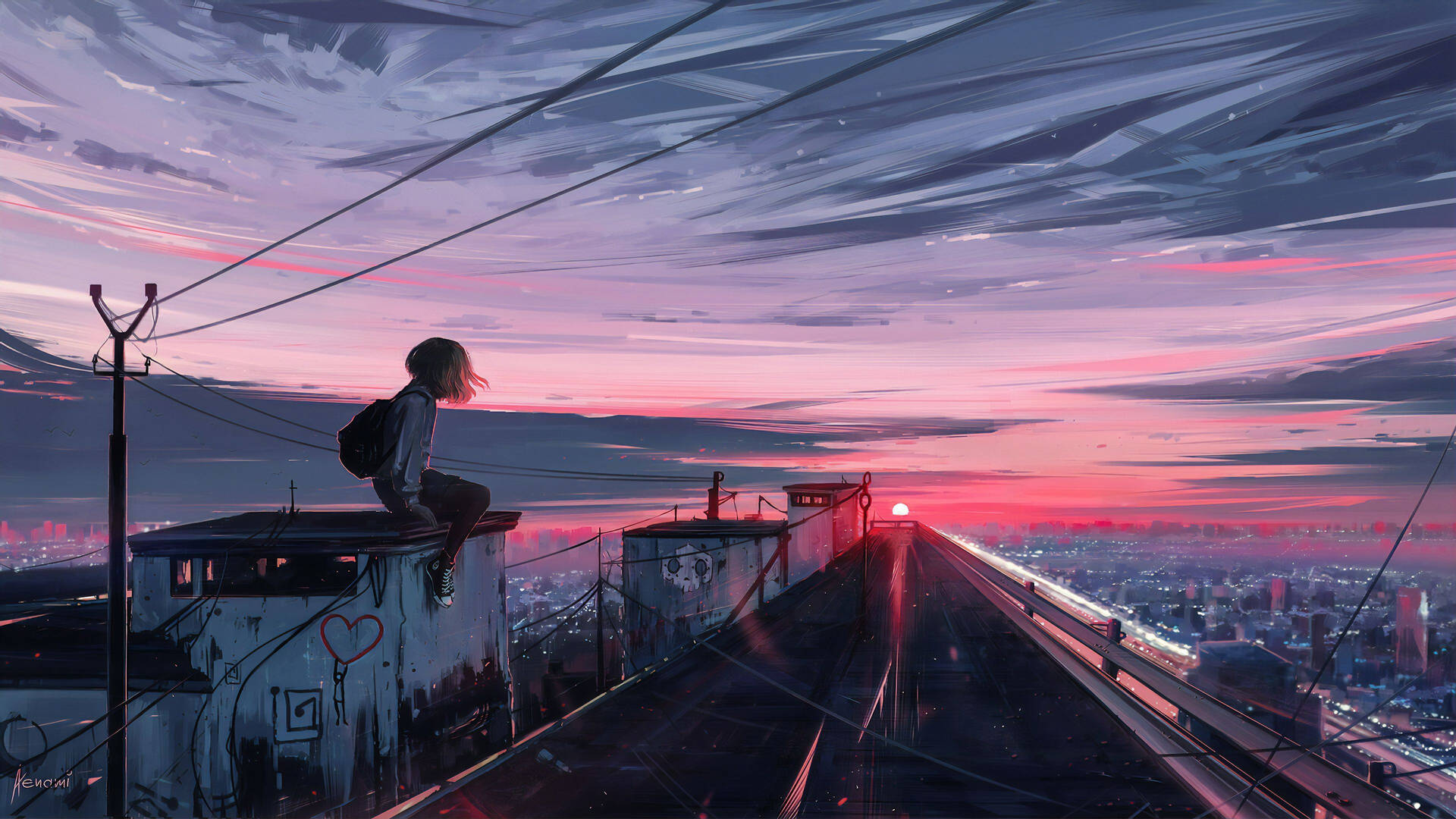 Aesthetic Anime Desktop Girl On Building Watching Road Background