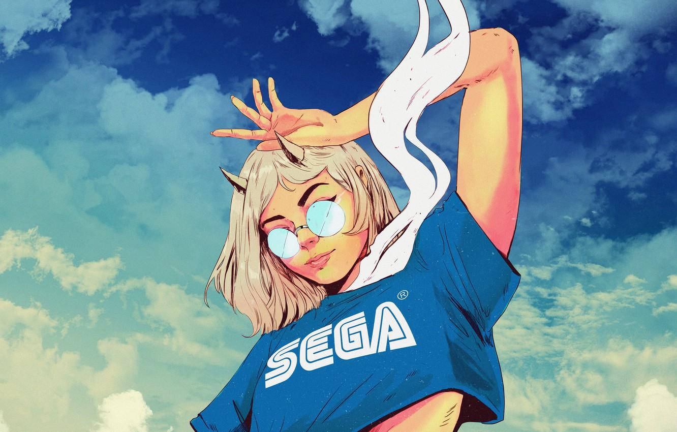 Aesthetic Anime Desktop Girl With Sega Shirt Background