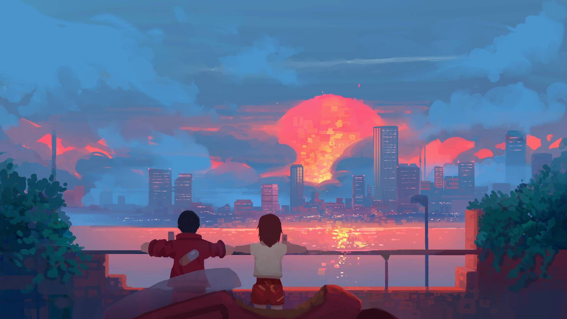 Aesthetic Anime Desktop Kids Viewing Sunset Background
