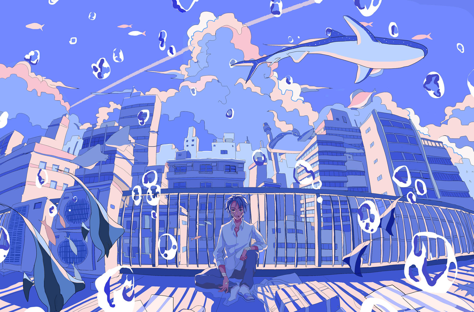 Aesthetic Anime Desktop Man On Railing With Flying Fish Background