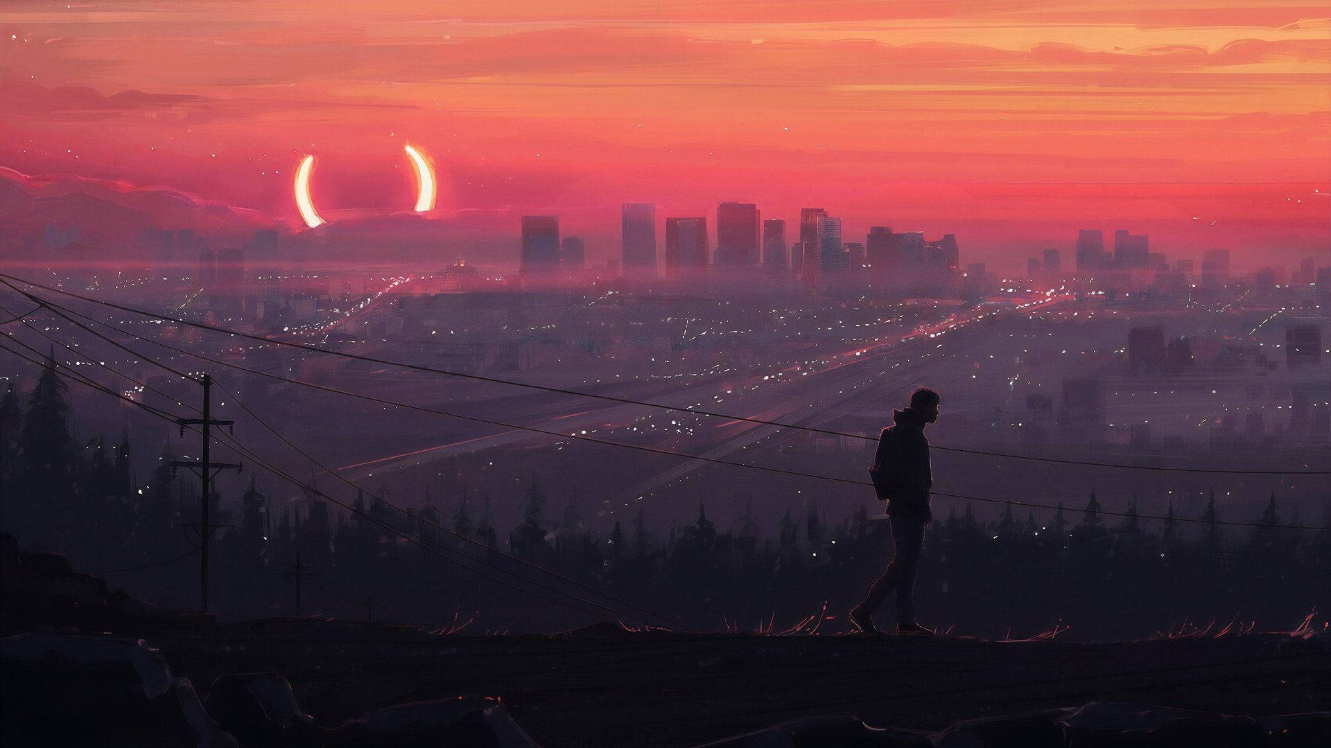 Aesthetic Anime Desktop Man Walking During Sunset Background