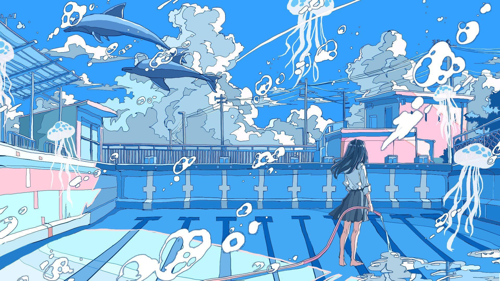 Aesthetic Anime Desktop Swimming Pool With Floating Fish Background