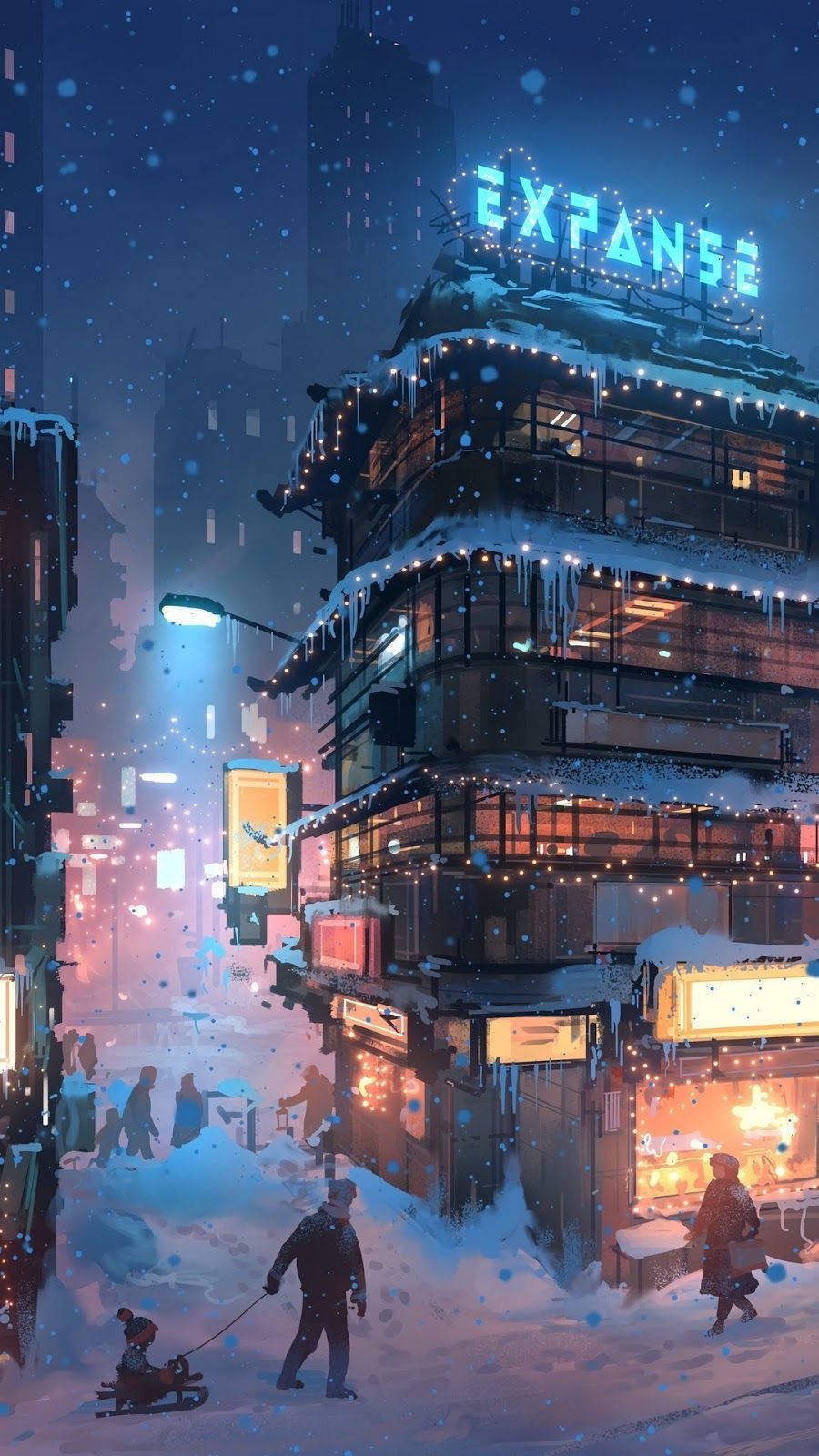 Aesthetic Anime Expanse Building In Winter Phone Background