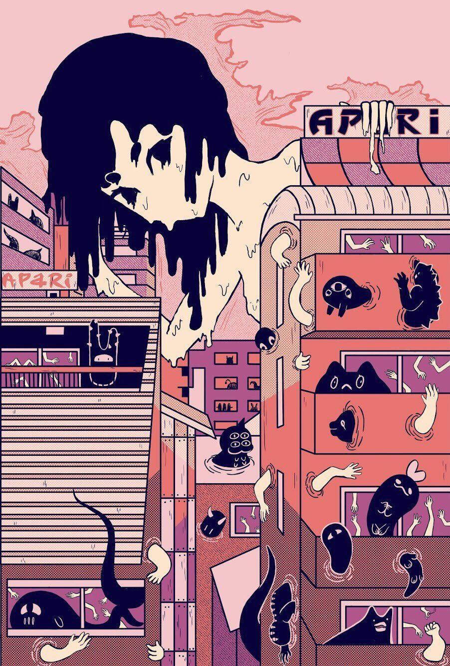 Aesthetic Anime Giant Girl And Ghost Building Phone Background