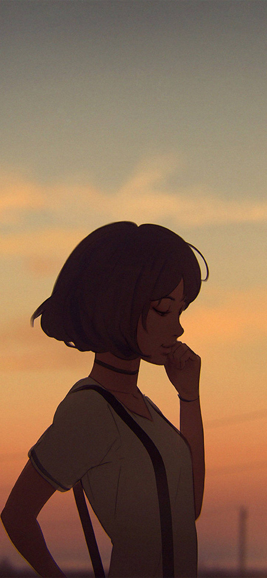 Aesthetic Anime Girl At Sunset Phone Background