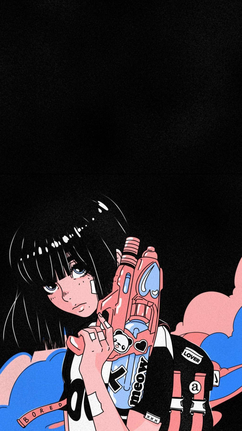 Aesthetic Anime Girl Holding Blaster Phone Background