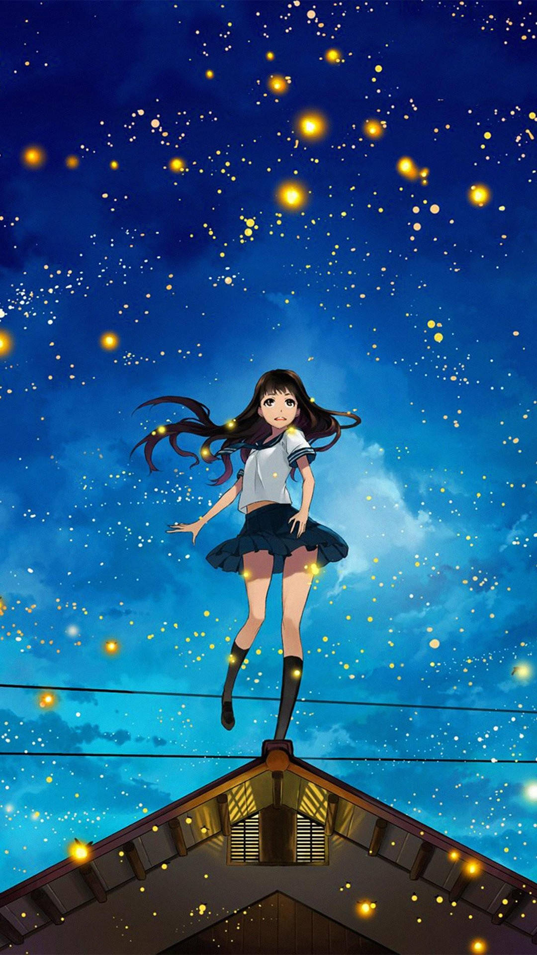 Aesthetic Anime Girl On Roof With Fireflies Phone