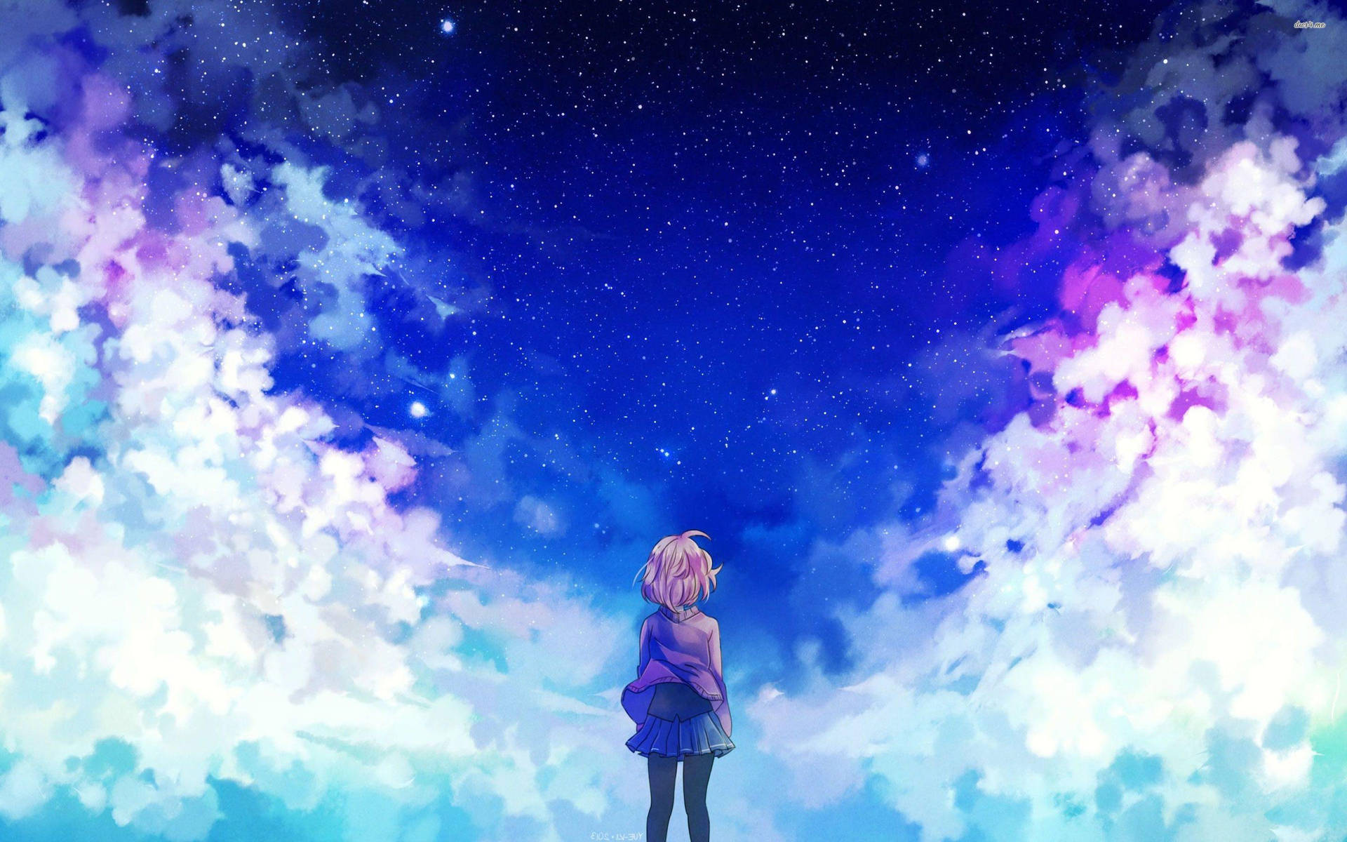 Aesthetic Anime Girl On Starry Cloud Background