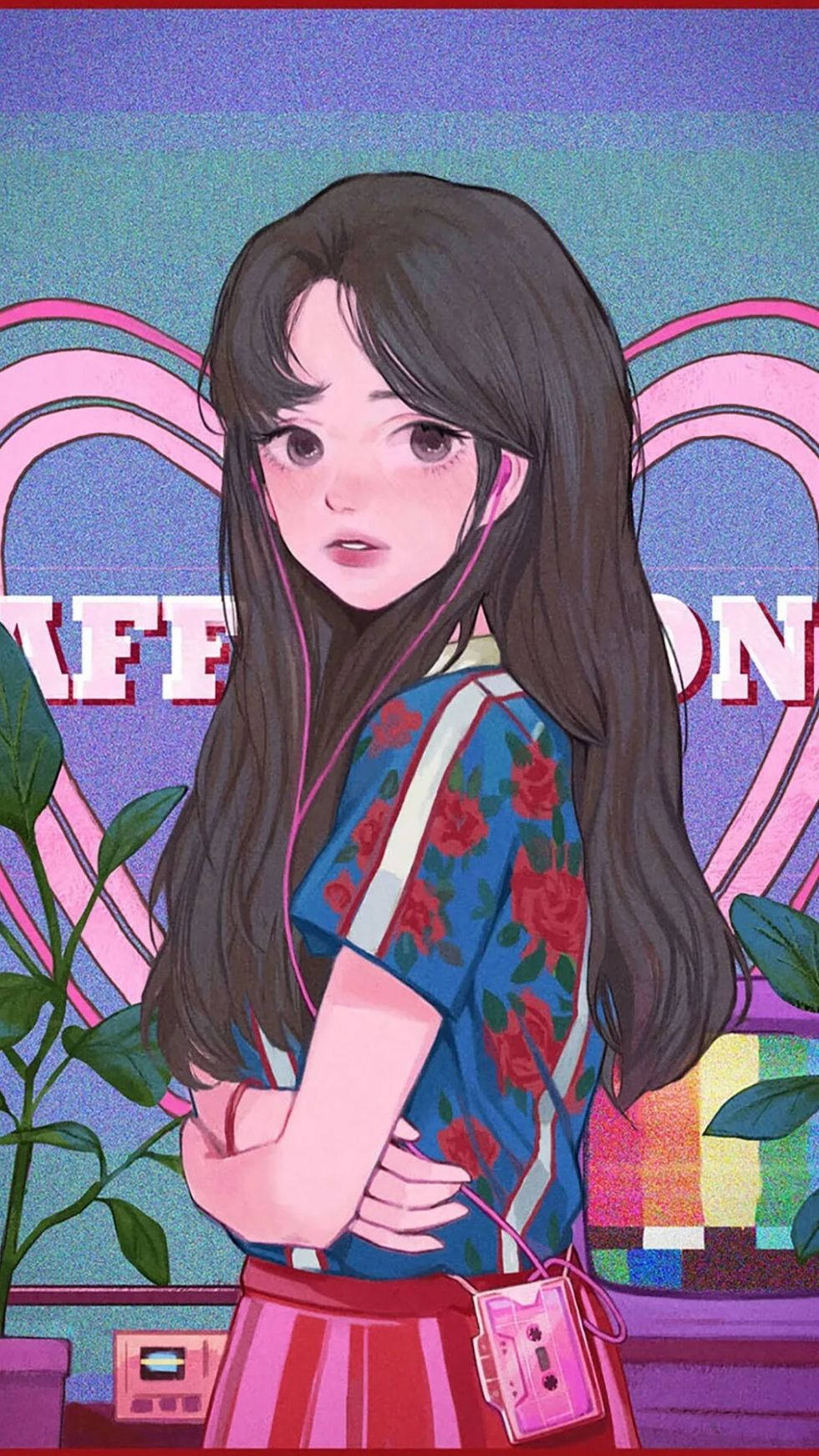 Aesthetic Anime Girl Wearing Floral Shirt Phone Background
