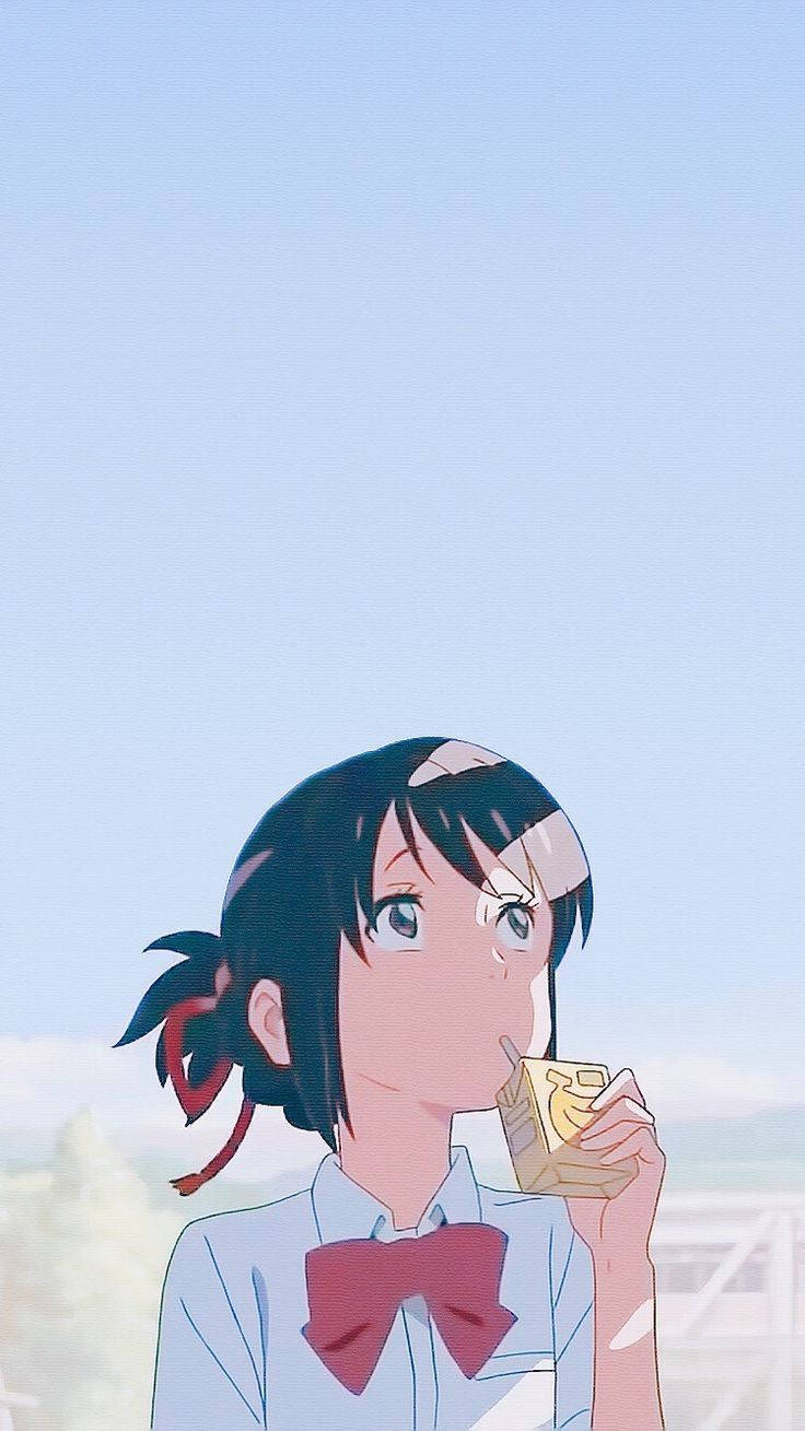 Aesthetic Anime Mitsuha Looking Up Phone Background