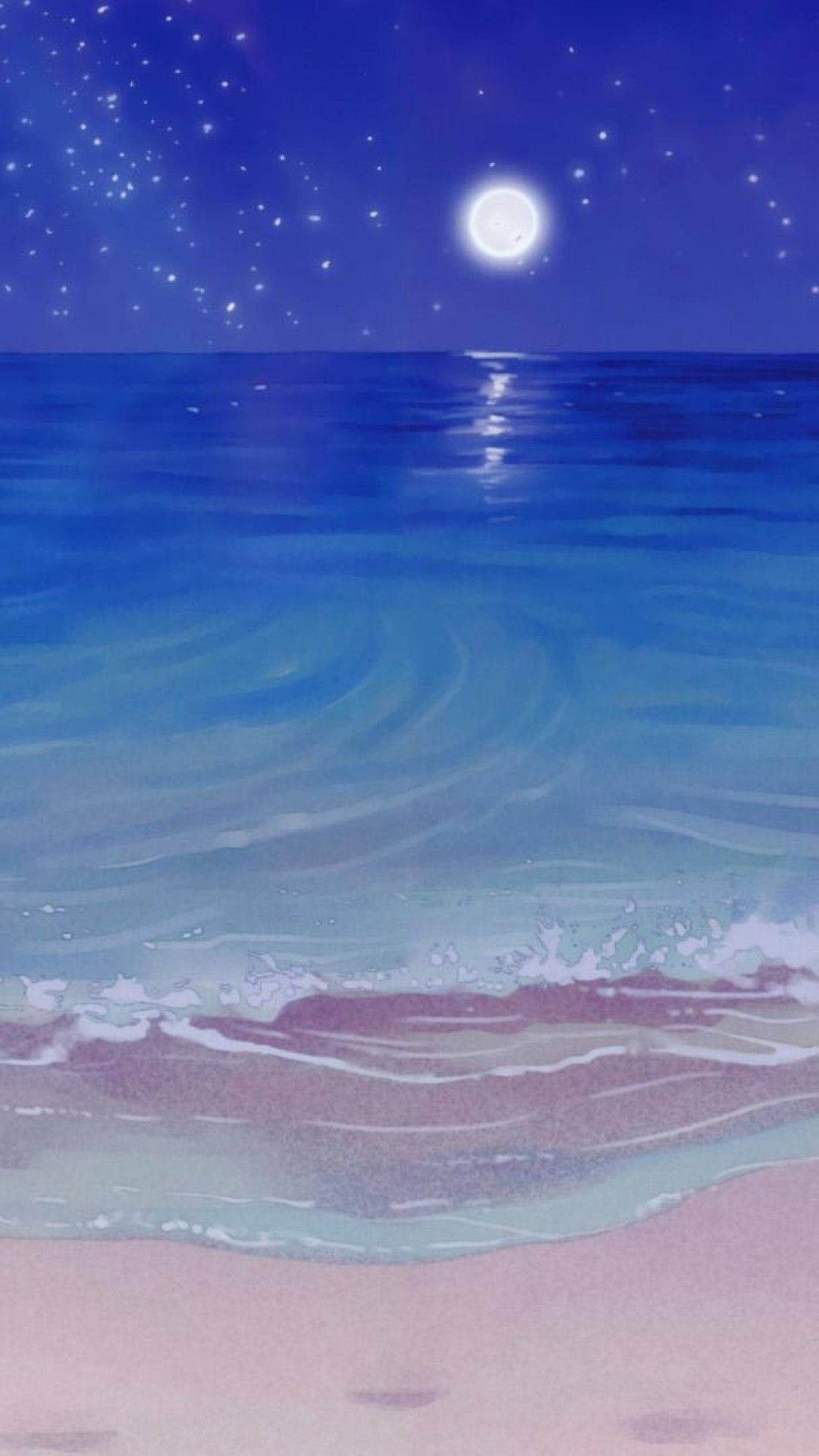 Aesthetic Anime Moon Over Sea Phone Background