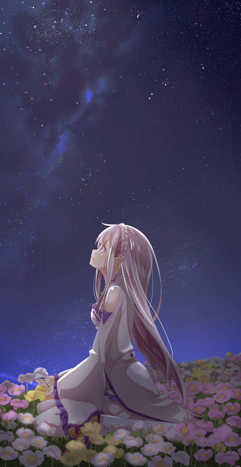 Aesthetic Anime Phone Emilia On Flower Field Background