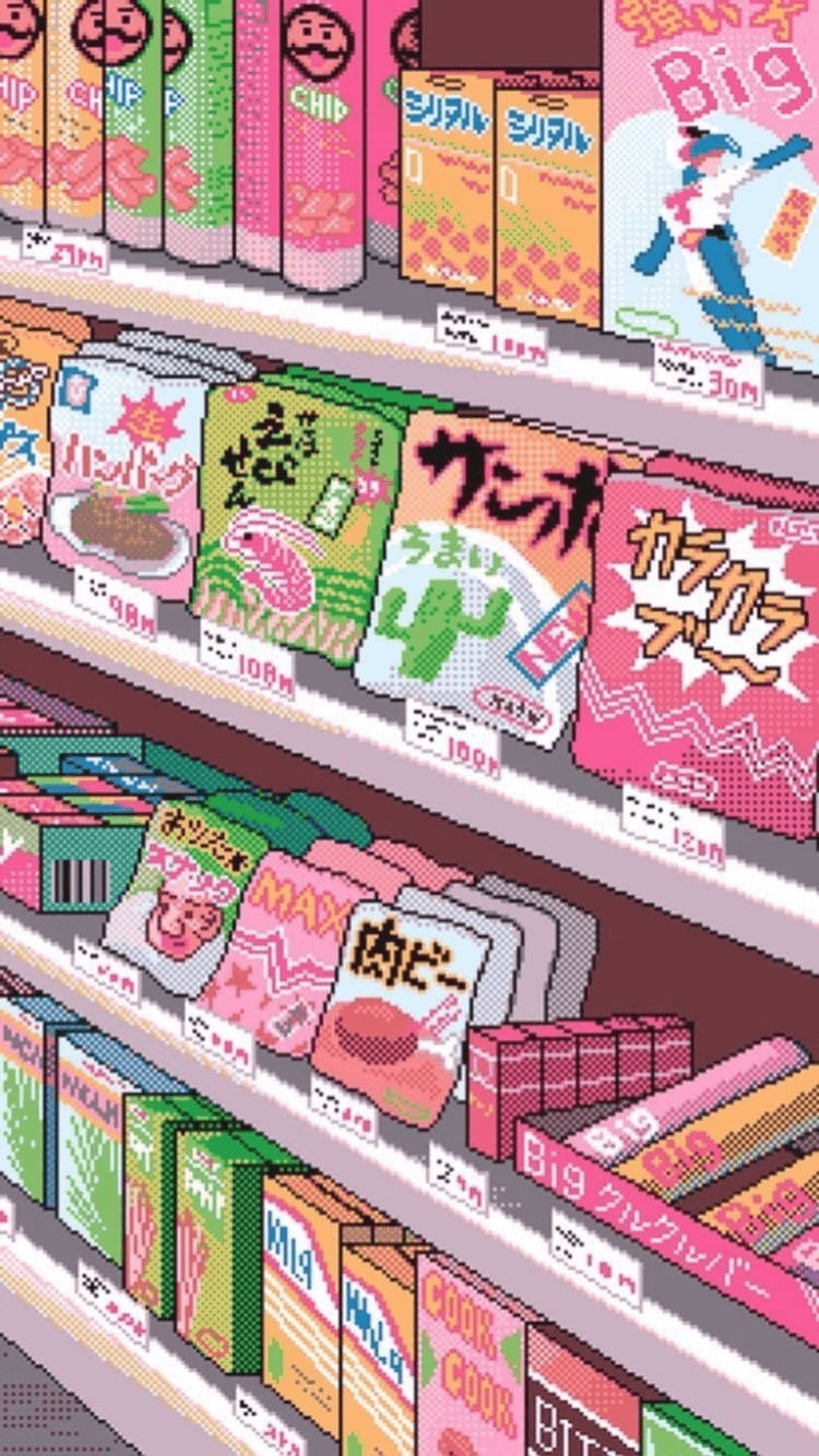 Aesthetic Anime Snacks On Shelf Phone Background