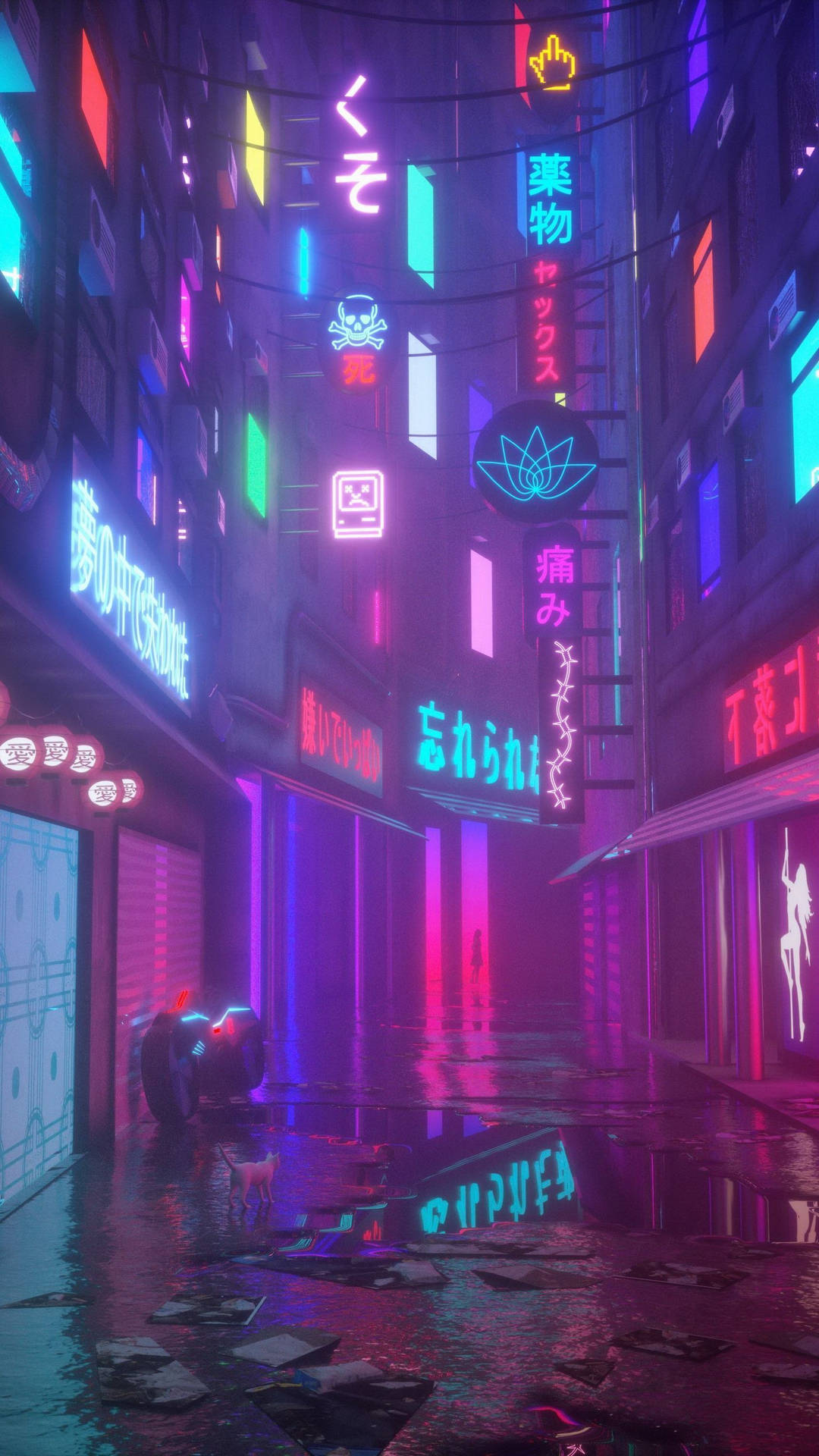 Aesthetic Anime Street With Neon Signs Phone Background